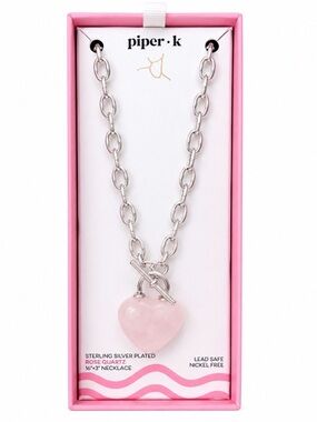Piper K Pink Rose Quartz Heart Pendant Necklace Silver Plated NIB